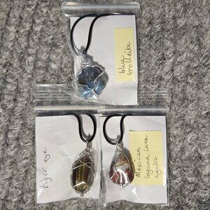 3 wire wrapped gemstone/crystal pendants, 3 different stones, 18 inch cords, new
